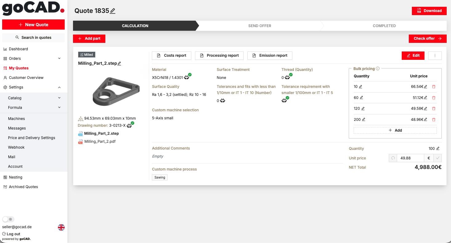 Calculated quote with bulk pricing